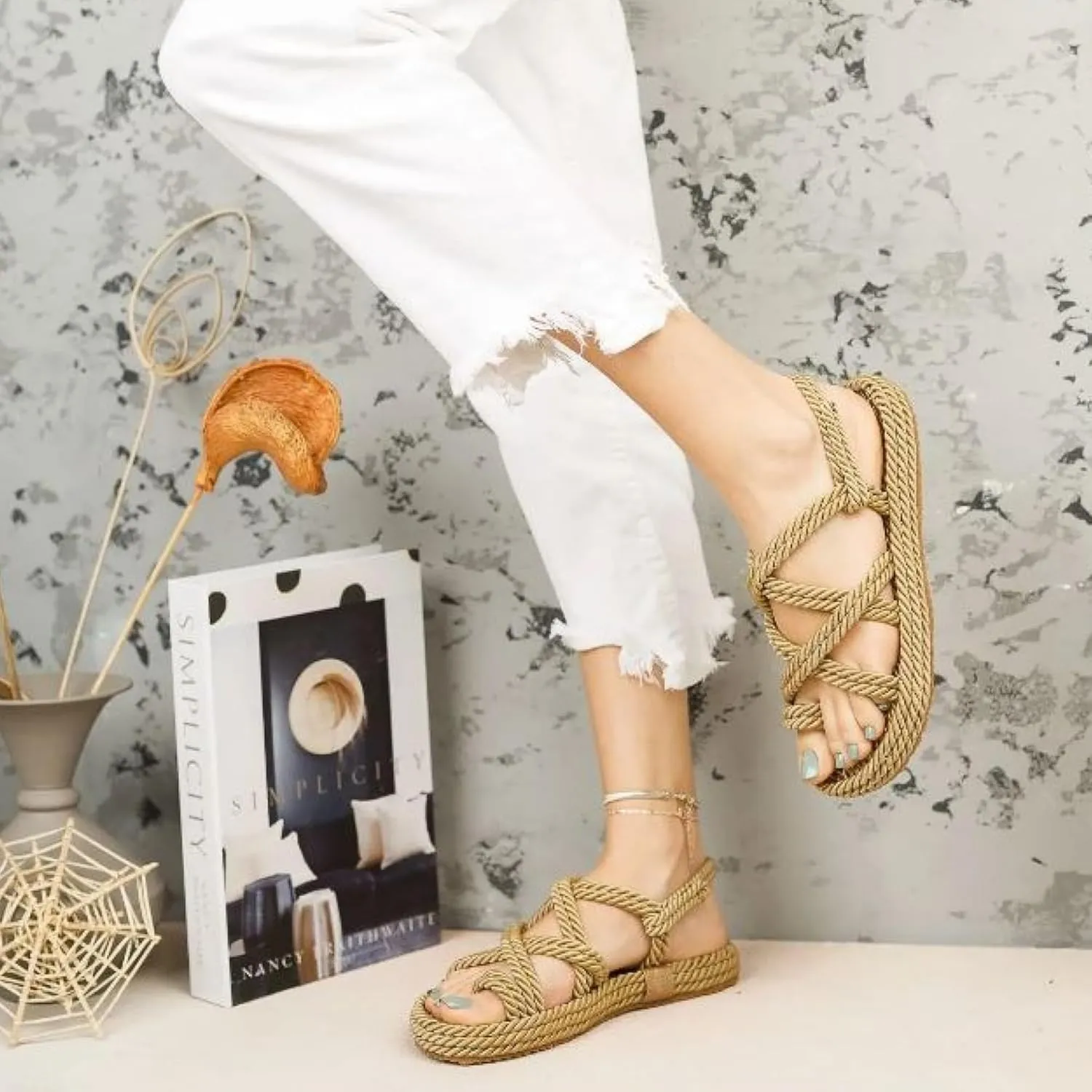 Derimi'O Strappy Sandals - Elegant Braided Sandals for Women - Stylish Strap Sandals for Women - Comfortable and Durable Rope Sandals for Women - Perfect for Casual and Dressy Occasions