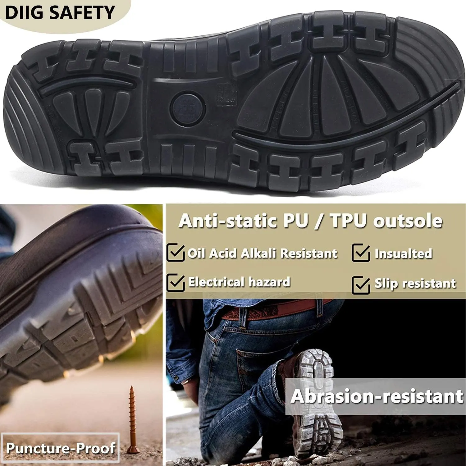 DIIG Work Boots for Men, Steel/Soft Toe Waterproof Working Boots, Slip Resistant Anti-Static Slip-on Safety Working Shoes