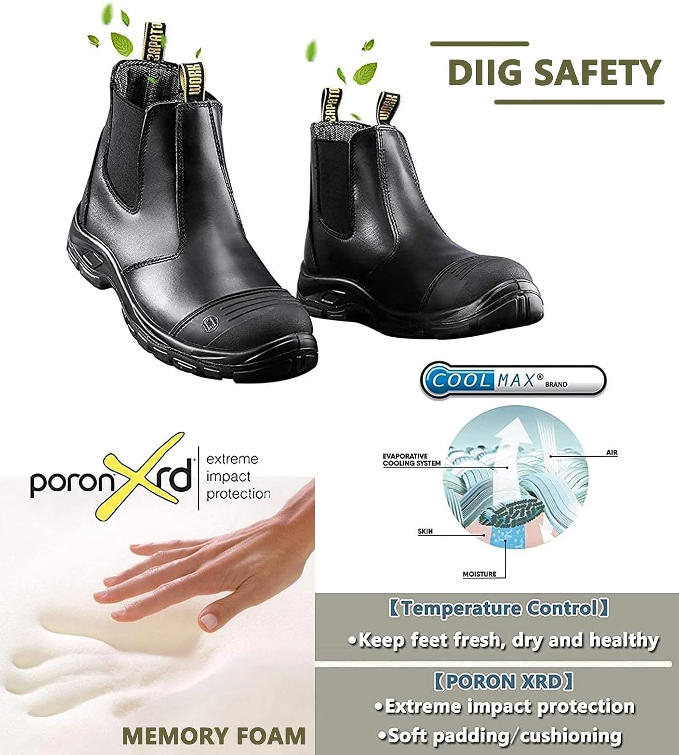 DIIG Work Boots for Men, Steel/Soft Toe Waterproof Working Boots, Slip Resistant Anti-Static Slip-on Safety Working Shoes