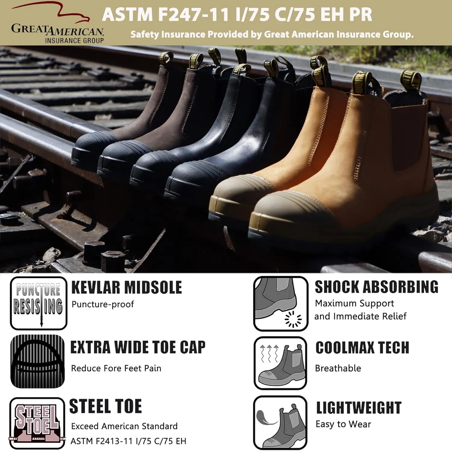DIIG Work Boots for Men, Steel/Soft Toe Waterproof Working Boots, Slip Resistant Anti-Static Slip-on Safety Working Shoes
