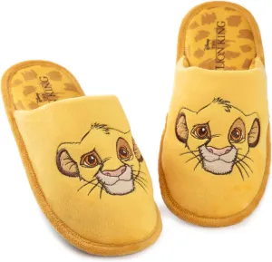 Disney The Lion King Womens Slippers | Ladies Simba Indoor Fur Mules in Yellow Embroidered Animal Slip On House Shoes