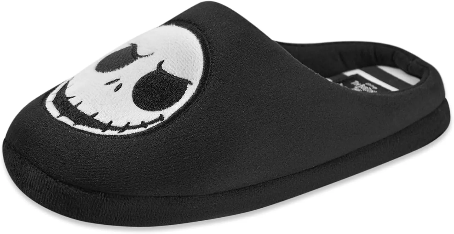 Disney The Nightmare Before Christmas Unisex Slippers | Adults Slip On Mules with Jack Skellington Character Face in Black
