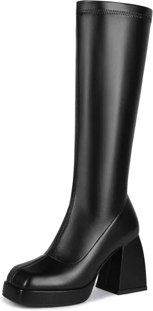 DOBOYG Knee High Boots Women Platform Chunky Block Heel Stretchy Square Toe Tall Patent Leather Long Boots