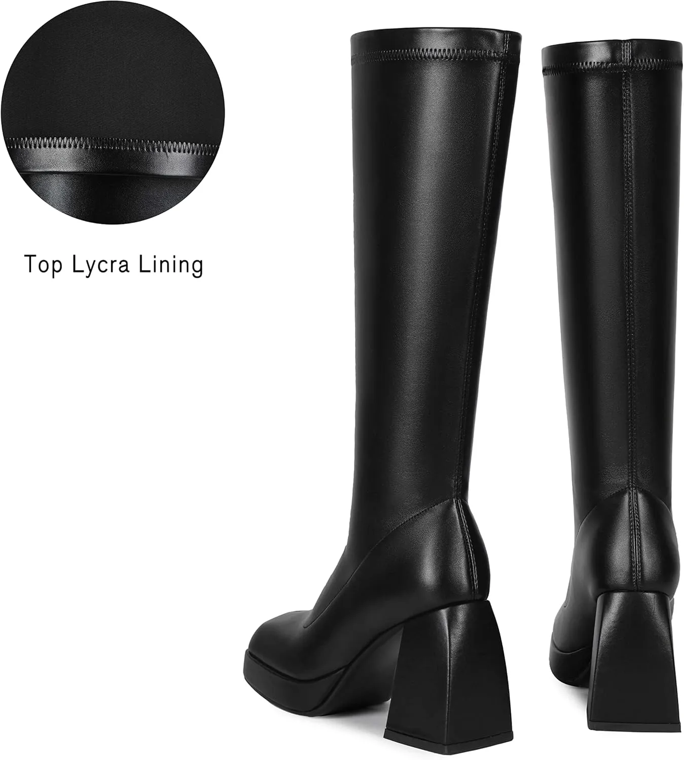 DOBOYG Knee High Boots Women Platform Chunky Block Heel Stretchy Square Toe Tall Patent Leather Long Boots