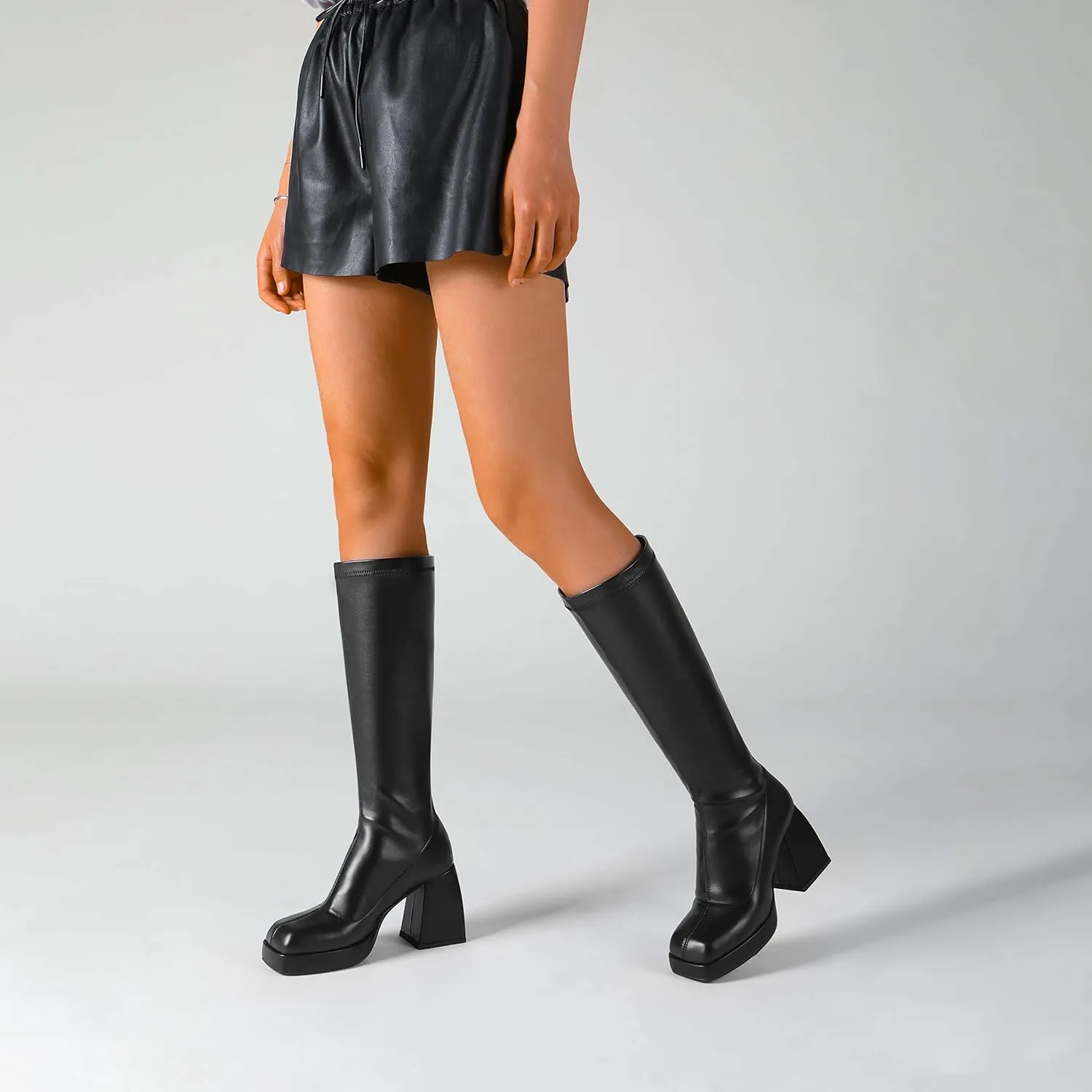 DOBOYG Knee High Boots Women Platform Chunky Block Heel Stretchy Square Toe Tall Patent Leather Long Boots