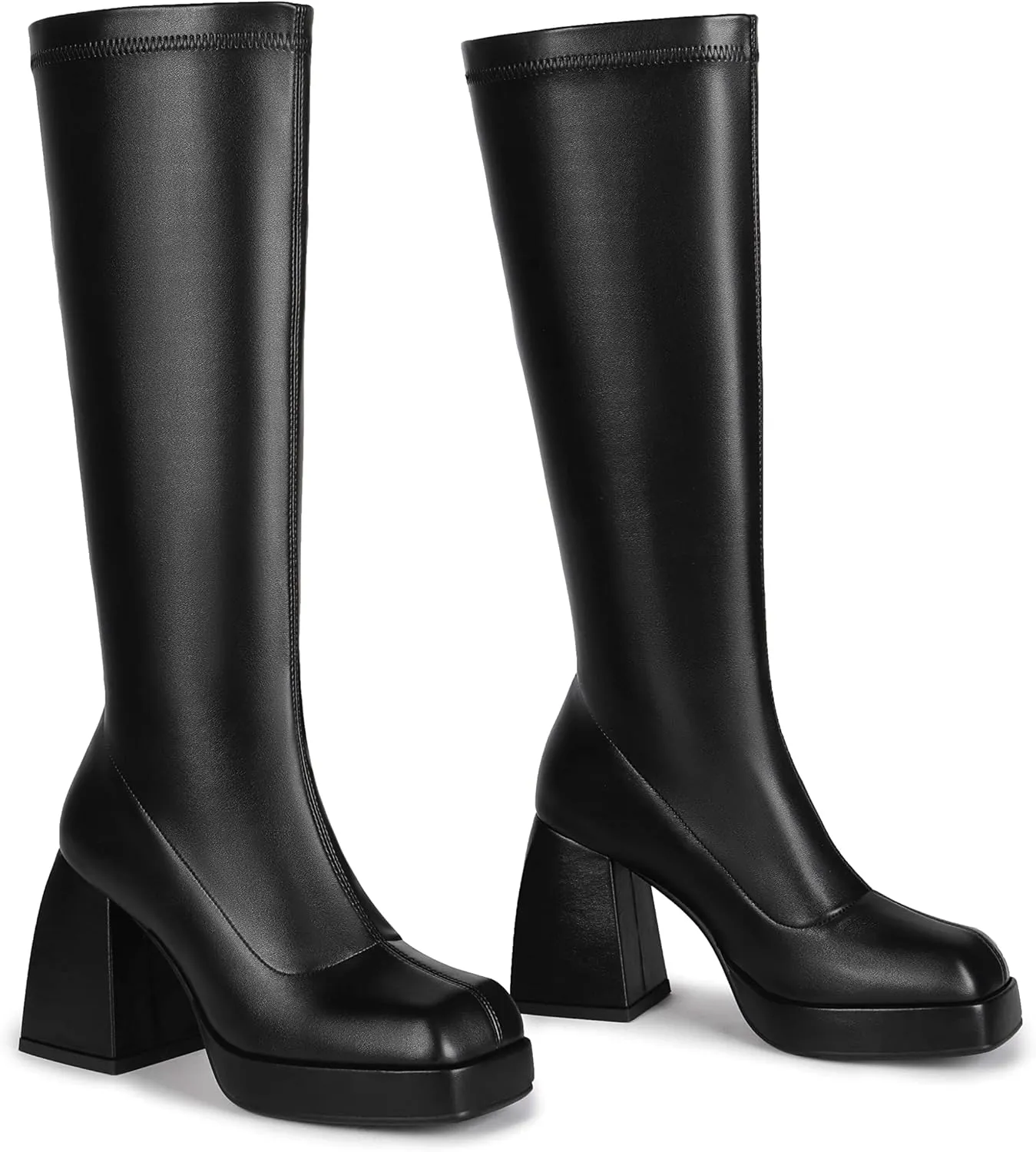 DOBOYG Knee High Boots Women Platform Chunky Block Heel Stretchy Square Toe Tall Patent Leather Long Boots