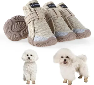 Dog Shoes for Small Dogs, Breathable Puppy Dog Boots & Paw Protectors for Summer Hot Pavement Winter Snow, Dog Booties with Reflective Strips, Anti-Slip Sole for Hardwood Floors (Beige-Size4)