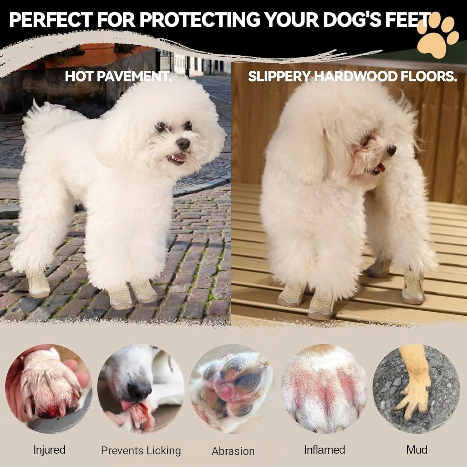 Dog Shoes for Small Dogs, Breathable Puppy Dog Boots & Paw Protectors for Summer Hot Pavement Winter Snow, Dog Booties with Reflective Strips, Anti-Slip Sole for Hardwood Floors (Beige-Size4)