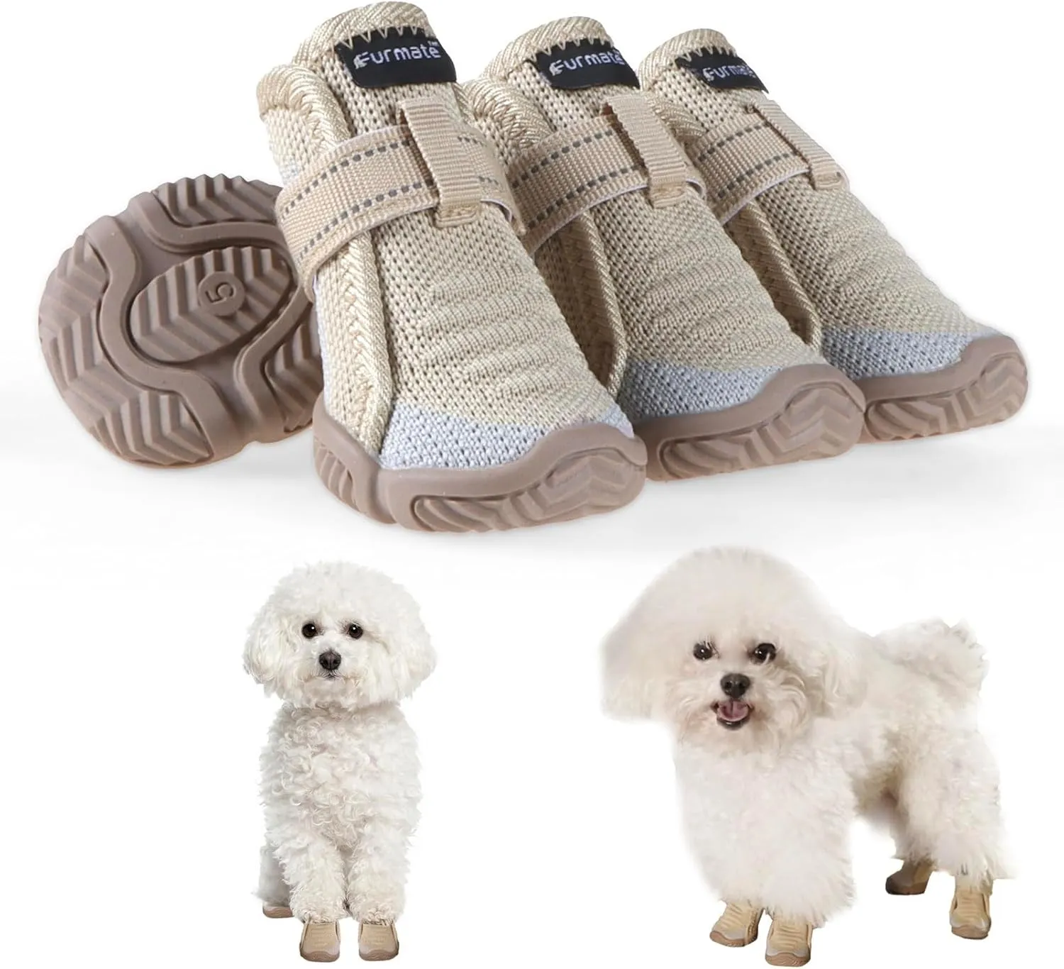 Dog Shoes for Small Dogs, Breathable Puppy Dog Boots & Paw Protectors for Summer Hot Pavement Winter Snow, Dog Booties with Reflective Strips, Anti-Slip Sole for Hardwood Floors (Beige-Size4)