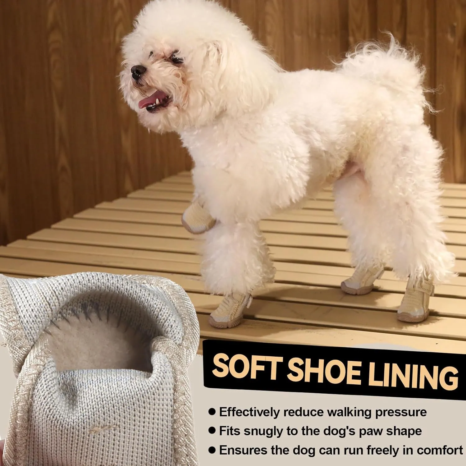 Dog Shoes for Small Dogs, Breathable Puppy Dog Boots & Paw Protectors for Summer Hot Pavement Winter Snow, Dog Booties with Reflective Strips, Anti-Slip Sole for Hardwood Floors (Beige-Size4)