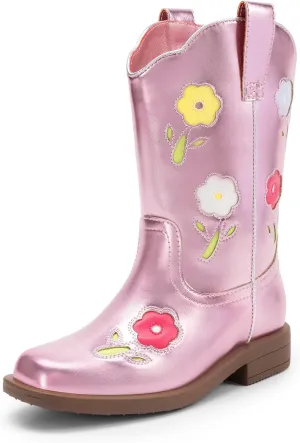 DREAM PAIRS Girls Cowgirl Boots Kids Mid Calf Western Boots Flower Cowboy Boots Square Toe Riding Shoes for Toddler/Little Kid/Big Kid