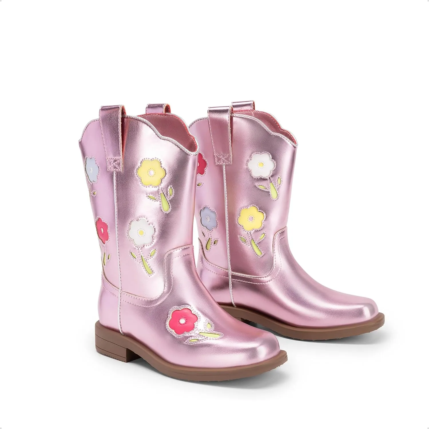 DREAM PAIRS Girls Cowgirl Boots Kids Mid Calf Western Boots Flower Cowboy Boots Square Toe Riding Shoes for Toddler/Little Kid/Big Kid