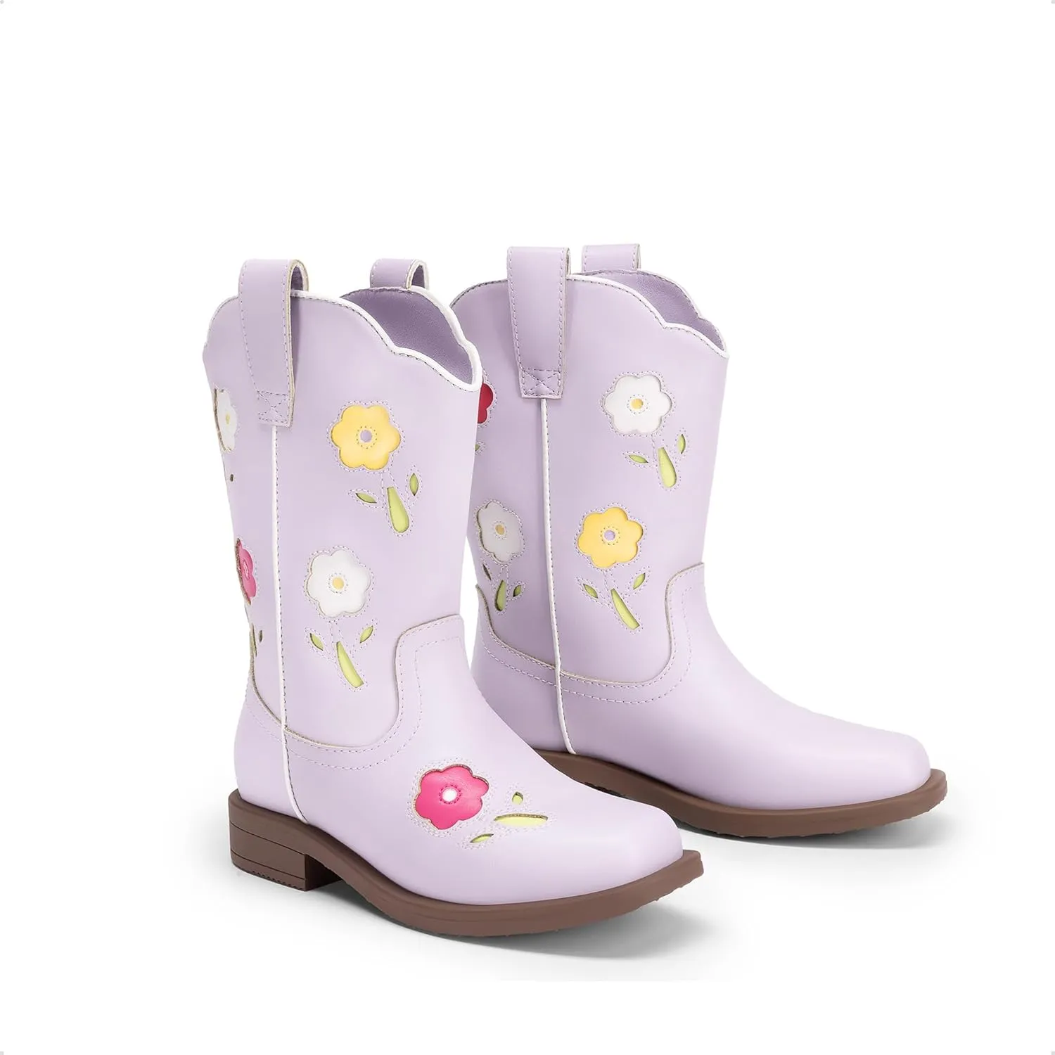 DREAM PAIRS Girls Cowgirl Boots Kids Mid Calf Western Boots Flower Cowboy Boots Square Toe Riding Shoes for Toddler/Little Kid/Big Kid
