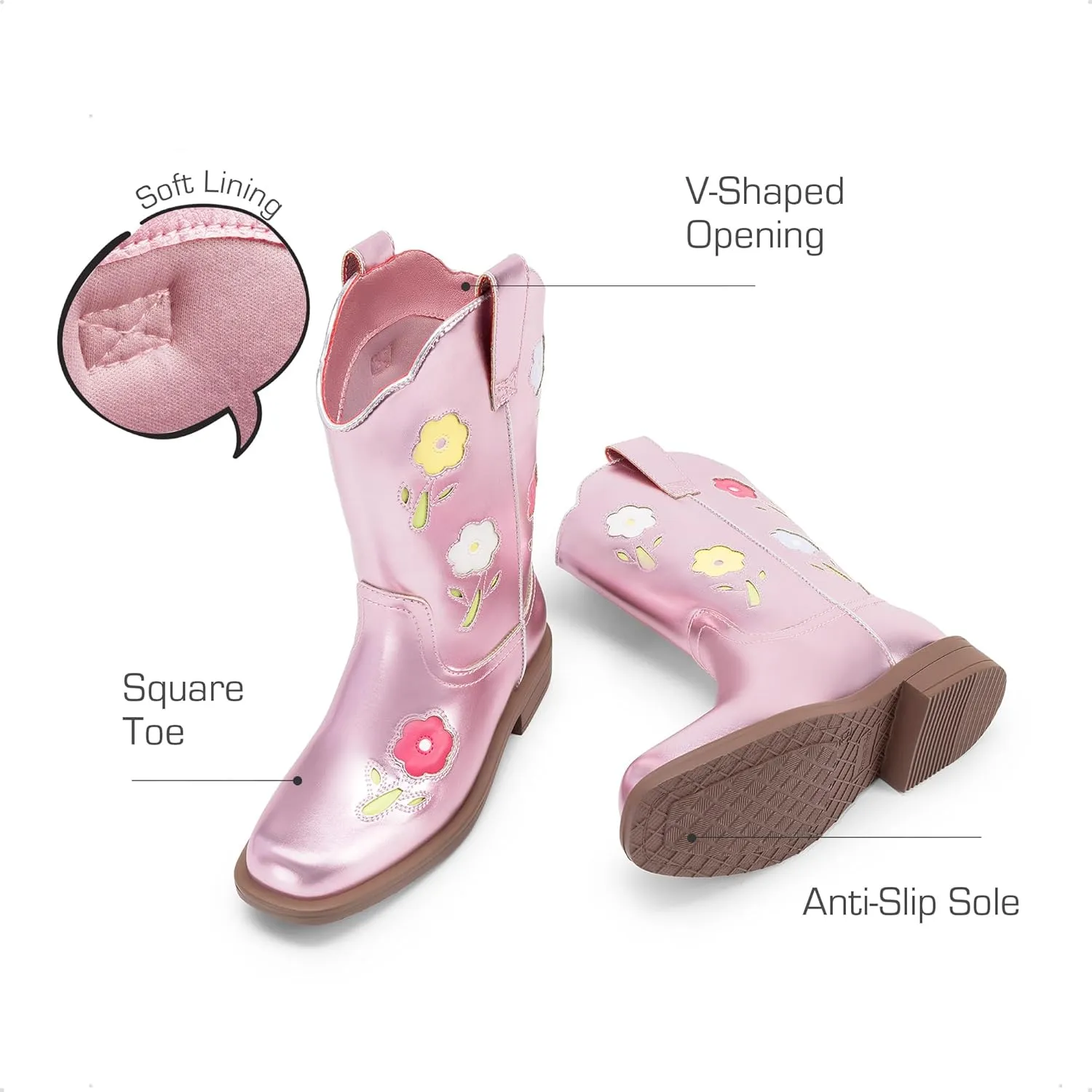 DREAM PAIRS Girls Cowgirl Boots Kids Mid Calf Western Boots Flower Cowboy Boots Square Toe Riding Shoes for Toddler/Little Kid/Big Kid