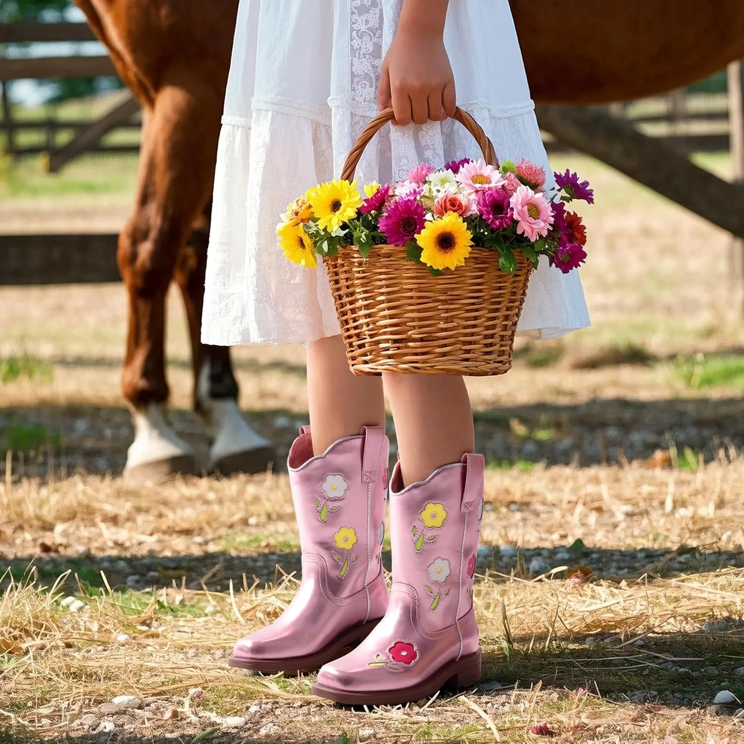 DREAM PAIRS Girls Cowgirl Boots Kids Mid Calf Western Boots Flower Cowboy Boots Square Toe Riding Shoes for Toddler/Little Kid/Big Kid