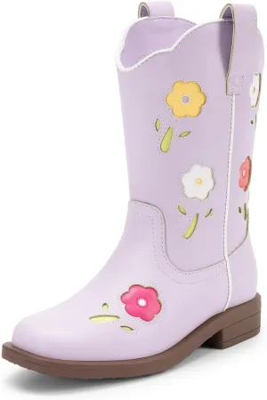 DREAM PAIRS Girls Cowgirl Boots Kids Mid Calf Western Boots Flower Cowboy Boots Square Toe Riding Shoes for Toddler/Little Kid/Big Kid
