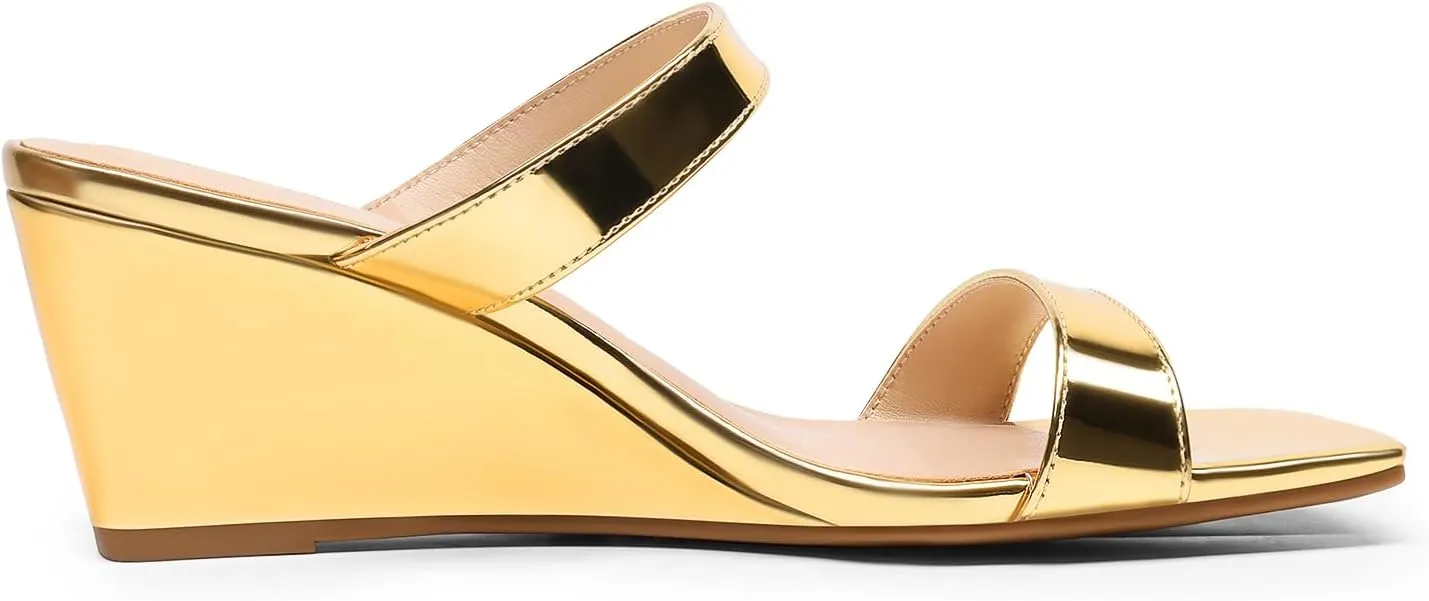 DREAM PAIRS Women Slides Wedge Sandals Square Open Toe Dress Casual Strappy Shoes