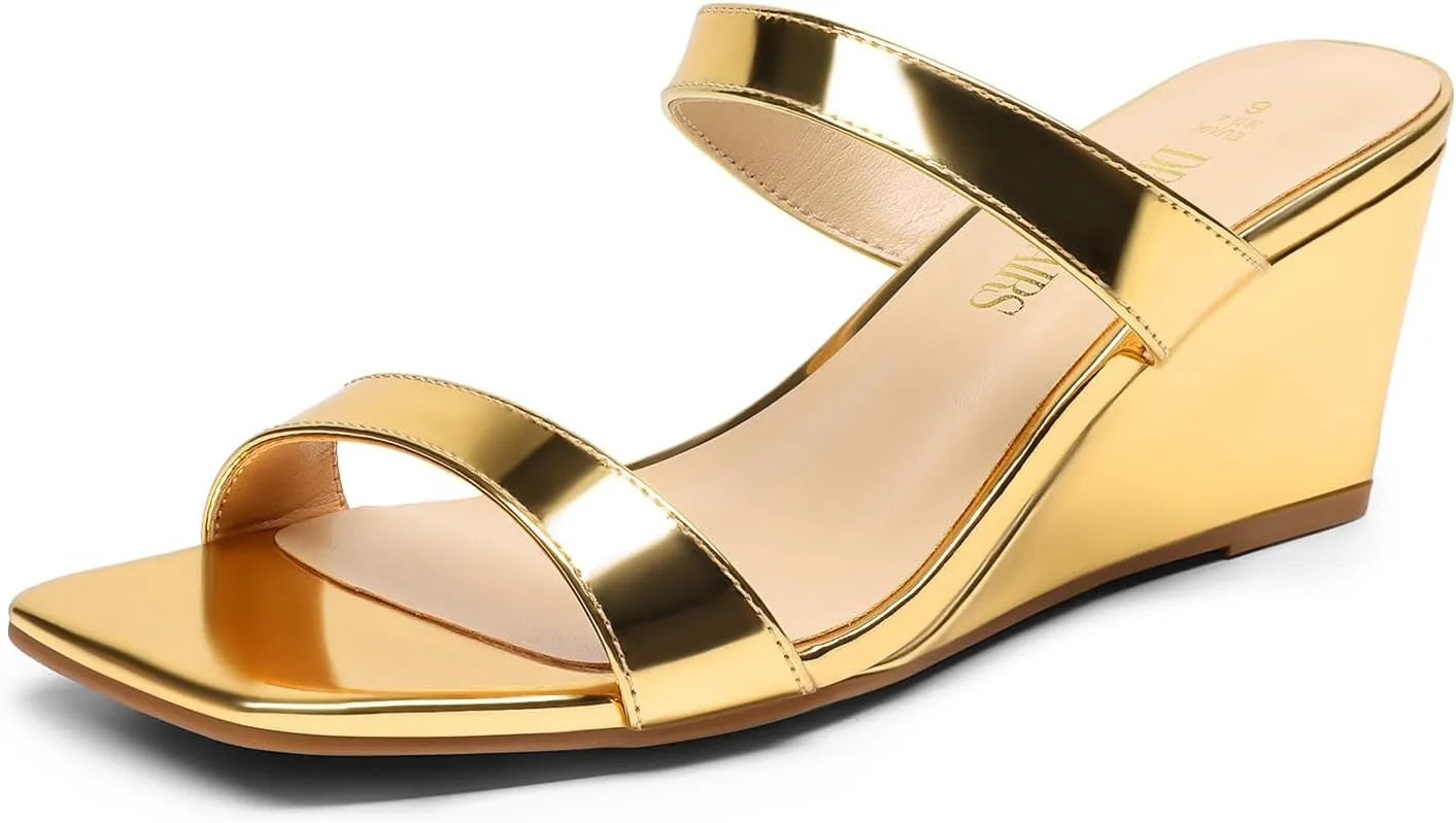 DREAM PAIRS Women Slides Wedge Sandals Square Open Toe Dress Casual Strappy Shoes