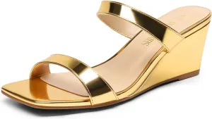DREAM PAIRS Women Slides Wedge Sandals Square Open Toe Dress Casual Strappy Shoes