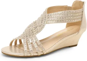 DREAM PAIRS Women's Open Toe Low Wedges Sandals Sparkly Rhinestone Strappy Zipper Weeding Dressy Elegant Summer Shoes for Lady
