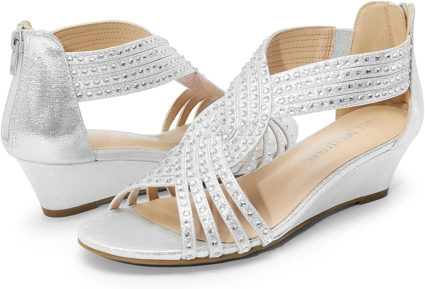DREAM PAIRS Women's Open Toe Low Wedges Sandals Sparkly Rhinestone Strappy Zipper Weeding Dressy Elegant Summer Shoes for Lady