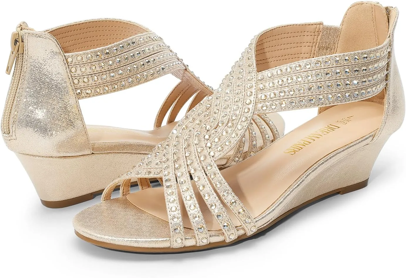 DREAM PAIRS Women's Open Toe Low Wedges Sandals Sparkly Rhinestone Strappy Zipper Weeding Dressy Elegant Summer Shoes for Lady