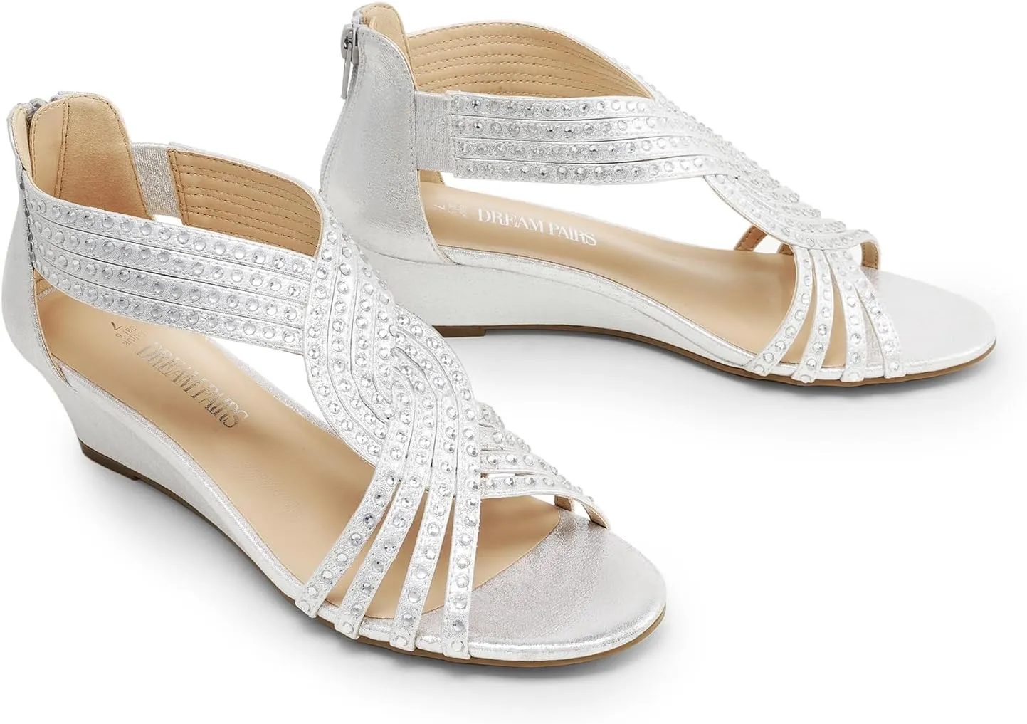 DREAM PAIRS Women's Open Toe Low Wedges Sandals Sparkly Rhinestone Strappy Zipper Weeding Dressy Elegant Summer Shoes for Lady