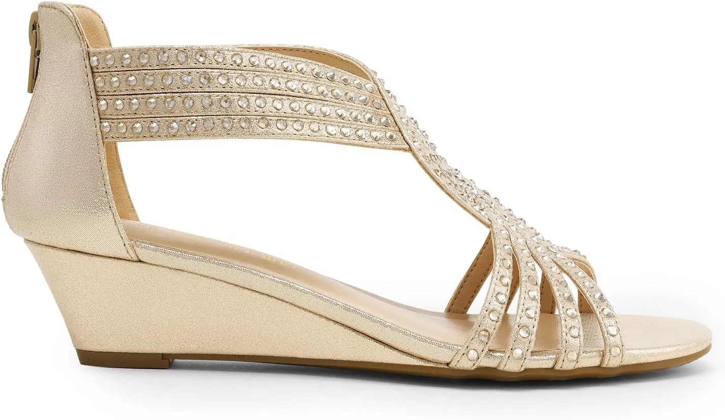 DREAM PAIRS Women's Open Toe Low Wedges Sandals Sparkly Rhinestone Strappy Zipper Weeding Dressy Elegant Summer Shoes for Lady