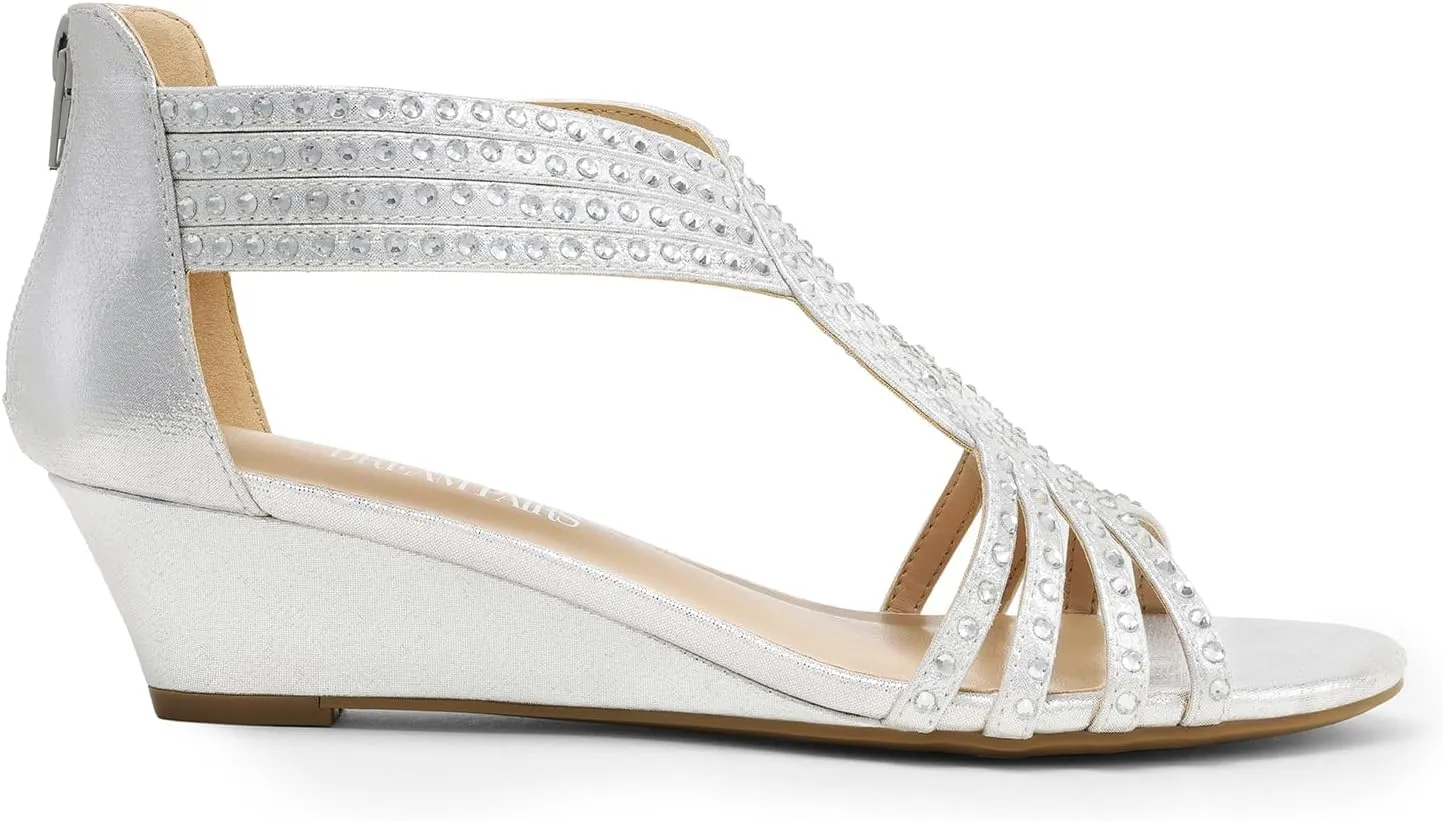 DREAM PAIRS Women's Open Toe Low Wedges Sandals Sparkly Rhinestone Strappy Zipper Weeding Dressy Elegant Summer Shoes for Lady