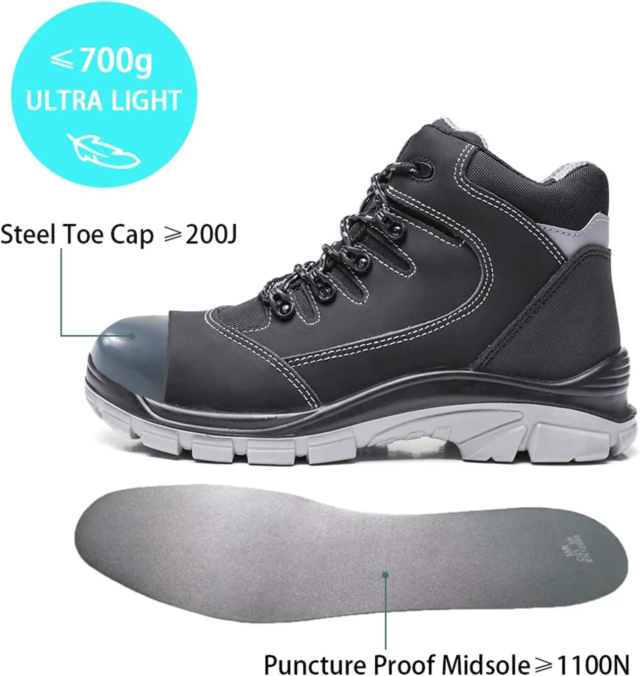 DRKA Men's Steel Toe Work Boots Water Resistant Safety Shoes
