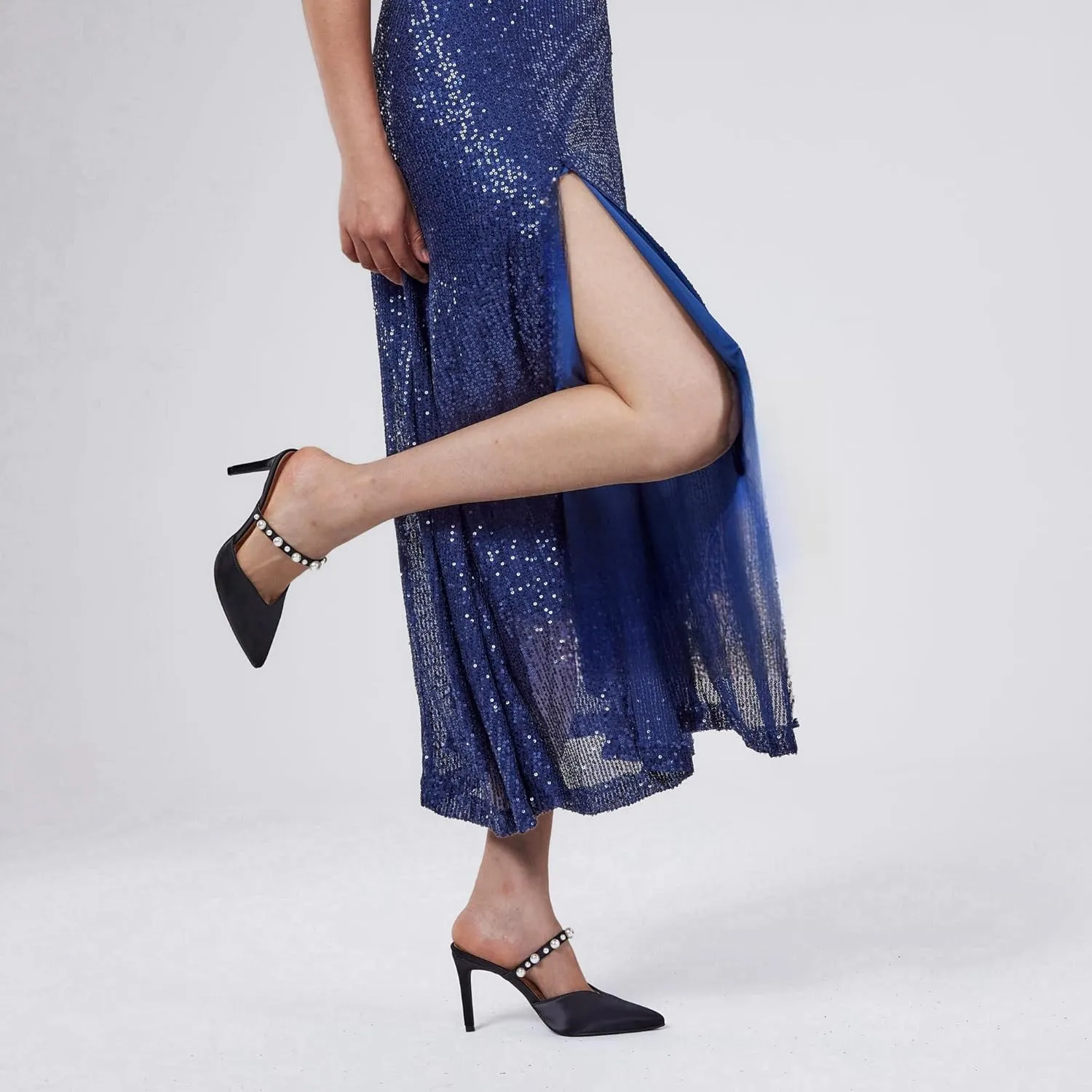 Elisabet Tang Pointed Toe Heels Sandals, 3.54 Inch Pearl Strap Satin Mules Stiletto Heels Glitter Crystal Closed Toe High Heels Backless Slip On Party Dress Daily Wear Pumps