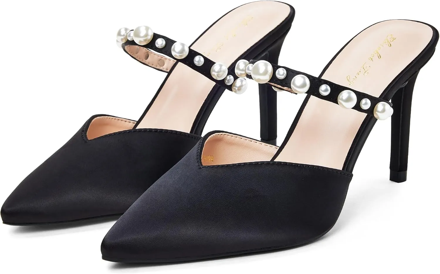Elisabet Tang Pointed Toe Heels Sandals, 3.54 Inch Pearl Strap Satin Mules Stiletto Heels Glitter Crystal Closed Toe High Heels Backless Slip On Party Dress Daily Wear Pumps