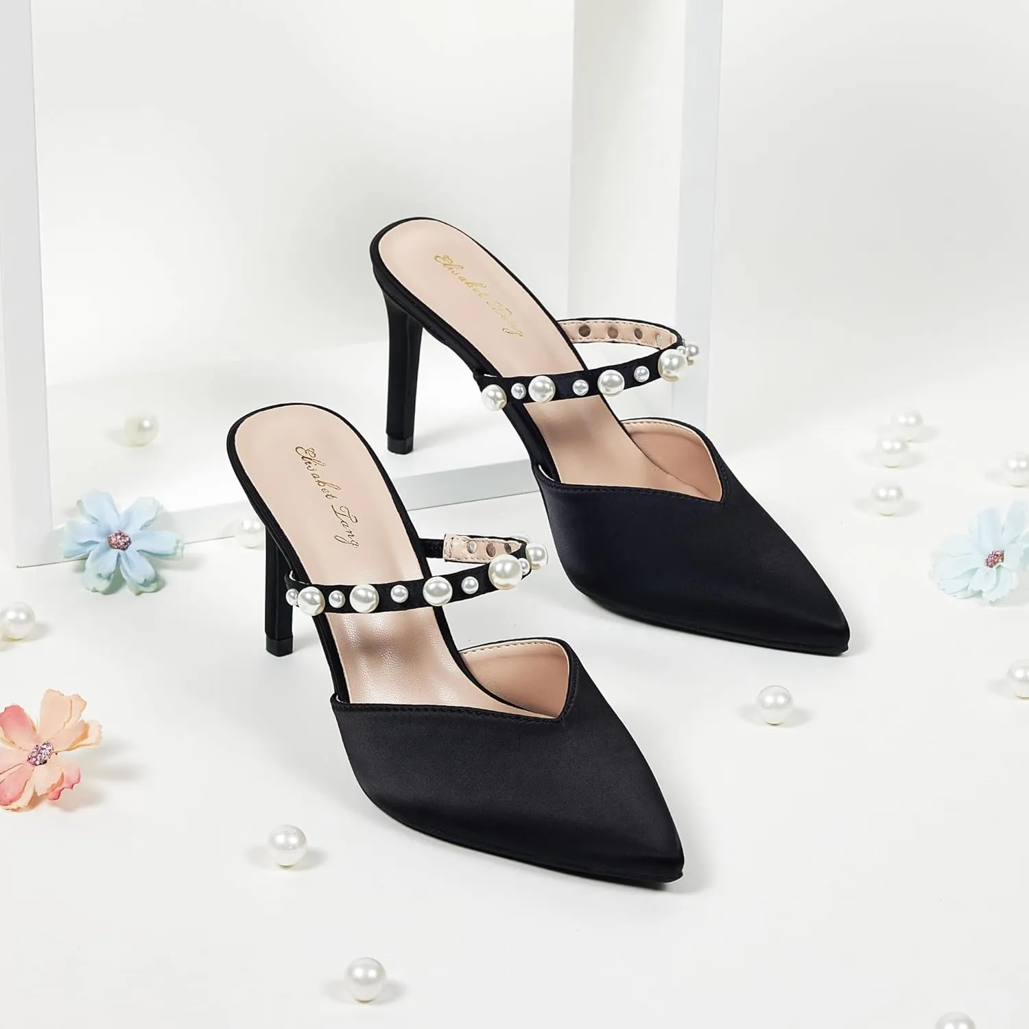 Elisabet Tang Pointed Toe Heels Sandals, 3.54 Inch Pearl Strap Satin Mules Stiletto Heels Glitter Crystal Closed Toe High Heels Backless Slip On Party Dress Daily Wear Pumps