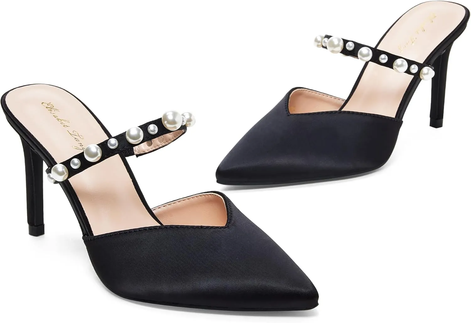 Elisabet Tang Pointed Toe Heels Sandals, 3.54 Inch Pearl Strap Satin Mules Stiletto Heels Glitter Crystal Closed Toe High Heels Backless Slip On Party Dress Daily Wear Pumps