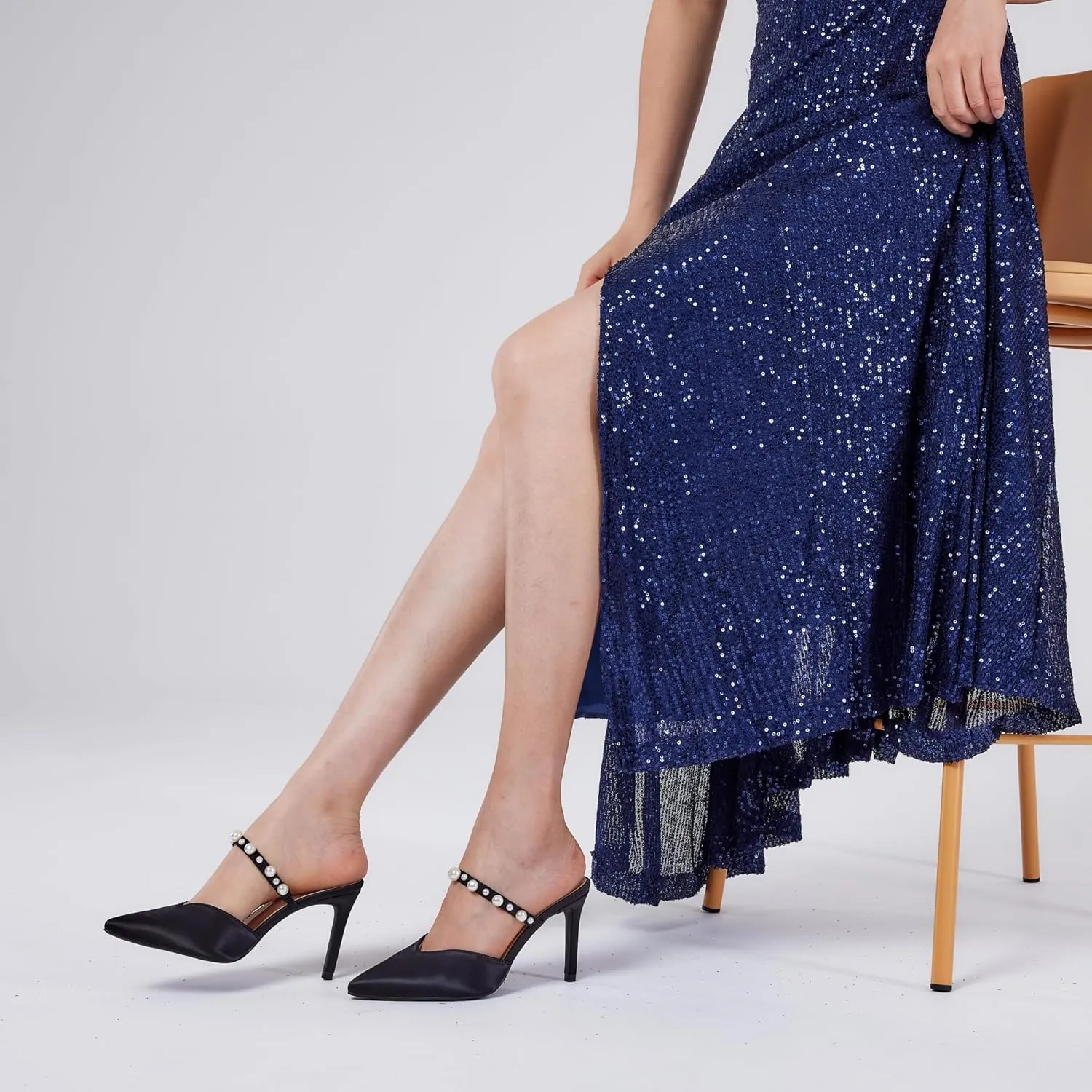 Elisabet Tang Pointed Toe Heels Sandals, 3.54 Inch Pearl Strap Satin Mules Stiletto Heels Glitter Crystal Closed Toe High Heels Backless Slip On Party Dress Daily Wear Pumps
