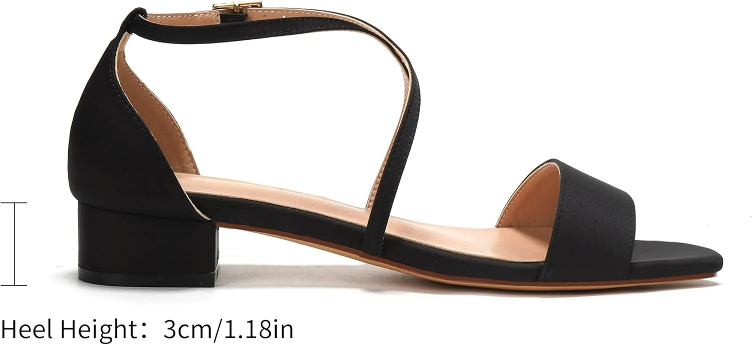 Elivandon J1584 Women's Satin Low-Heel Evening Sandals Open Toe 1.18 inches Block Heel Satin Pumps Evening Party Bridal Wedding Shoes