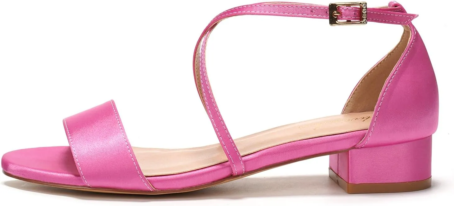 Elivandon J1584 Women's Satin Low-Heel Evening Sandals Open Toe 1.18 inches Block Heel Satin Pumps Evening Party Bridal Wedding Shoes