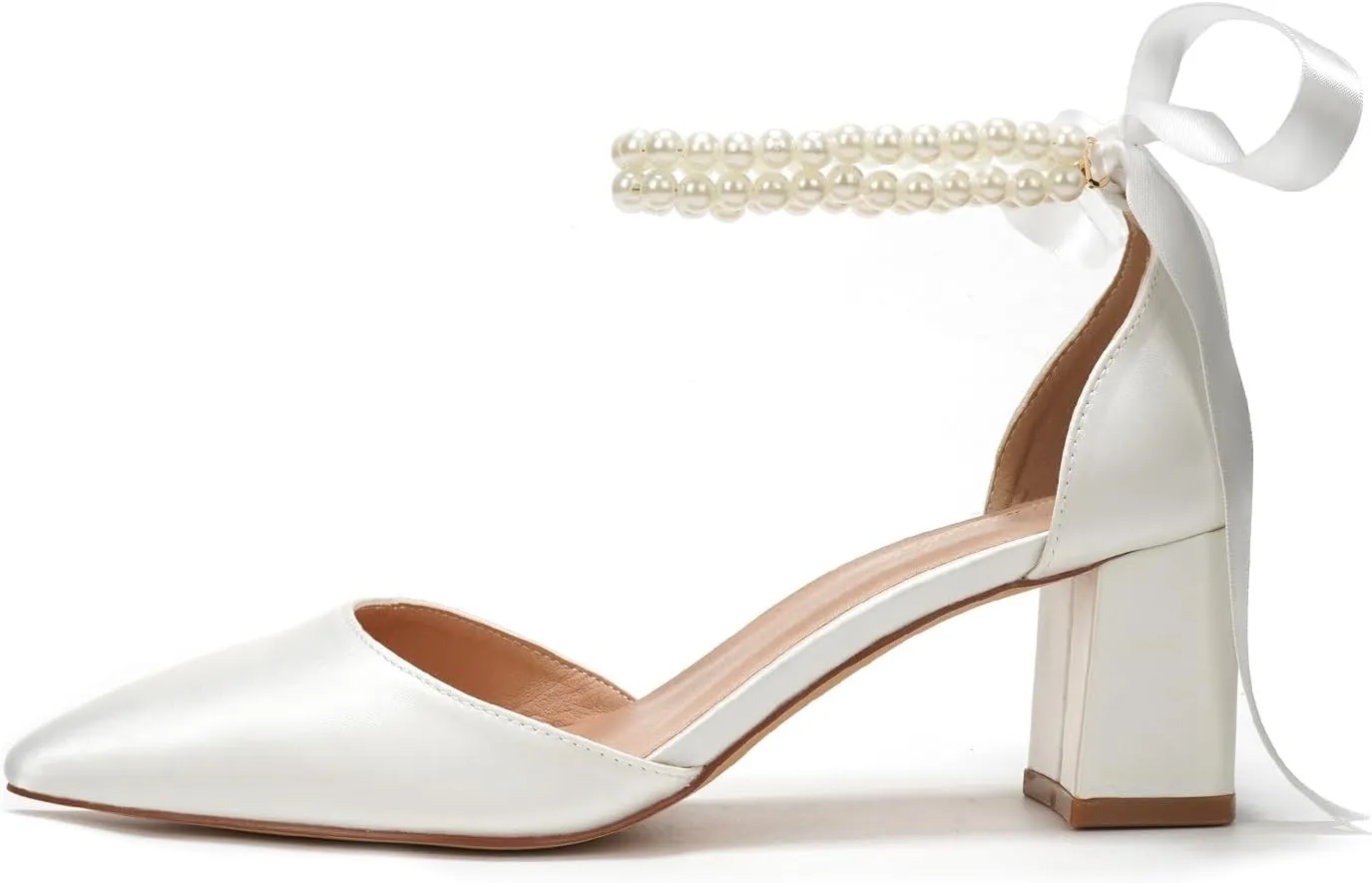 Elivandon J1585 Women's Satin Pointed Toe Mid-Heel Evening Sandals 2.36 inches Block Heel Bridal Party Wedding Pumps with Double Pearl Strap