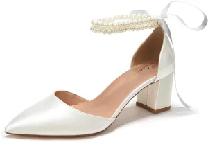 Elivandon J1585 Women's Satin Pointed Toe Mid-Heel Evening Sandals 2.36 inches Block Heel Bridal Party Wedding Pumps with Double Pearl Strap