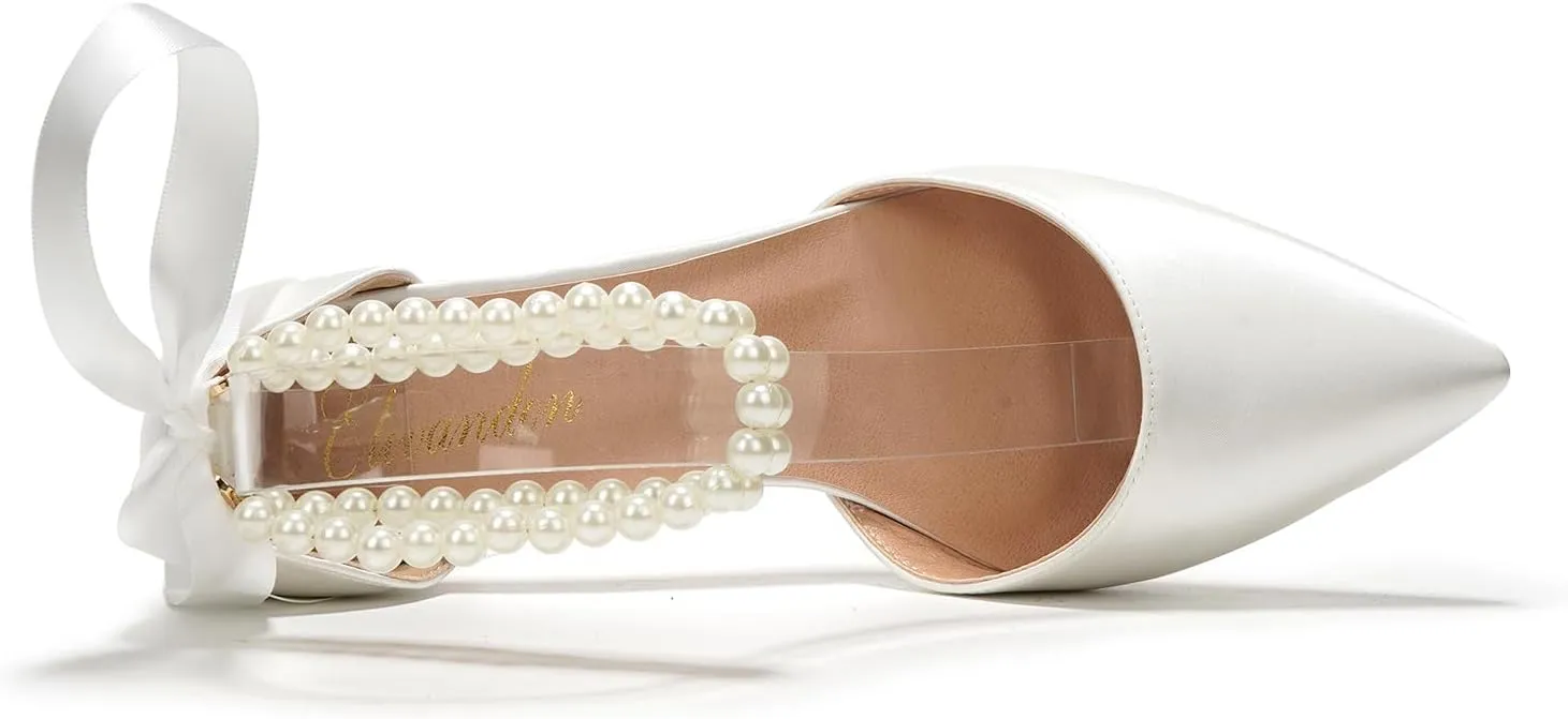 Elivandon J1585 Women's Satin Pointed Toe Mid-Heel Evening Sandals 2.36 inches Block Heel Bridal Party Wedding Pumps with Double Pearl Strap