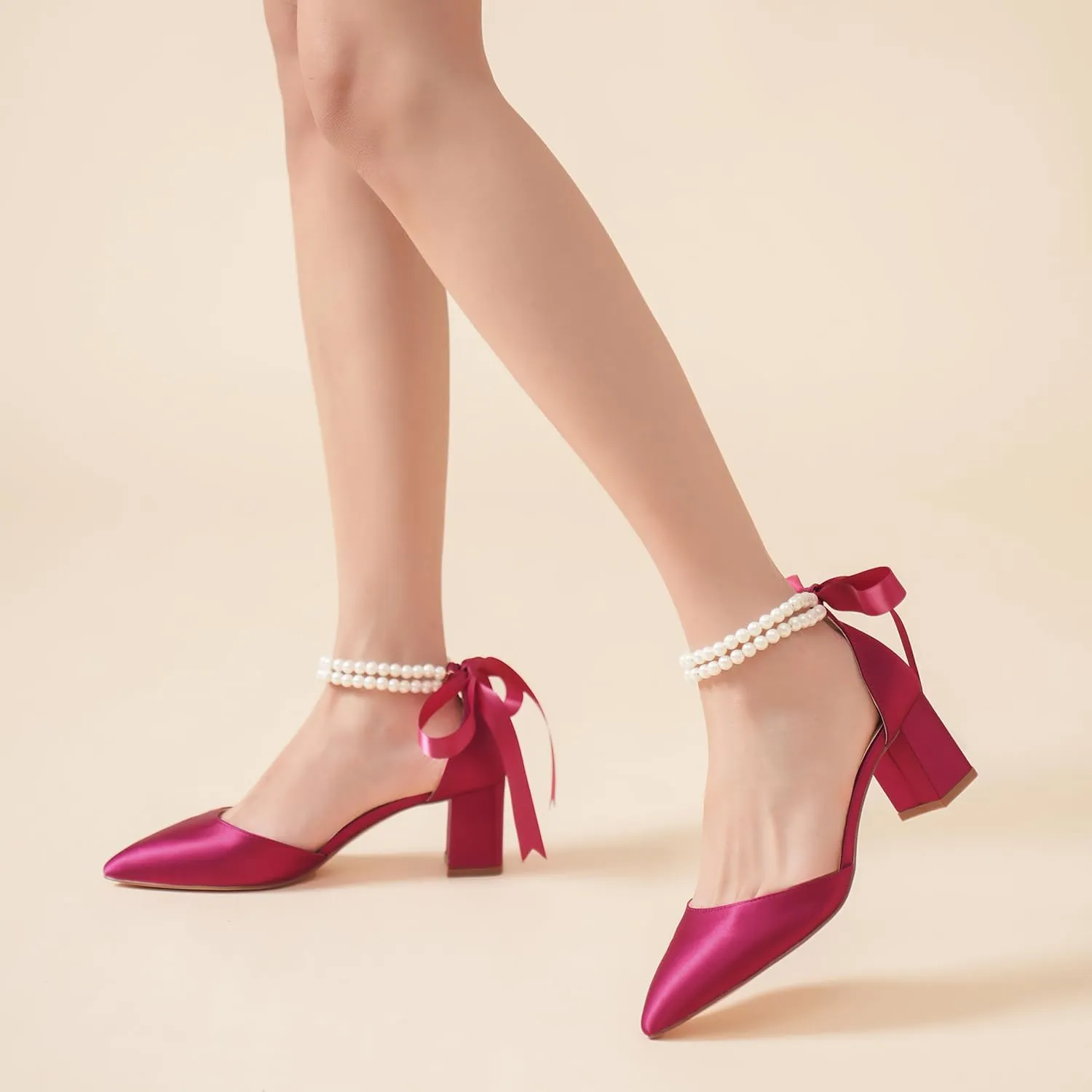 Elivandon J1585 Women's Satin Pointed Toe Mid-Heel Evening Sandals 2.36 inches Block Heel Bridal Party Wedding Pumps with Double Pearl Strap