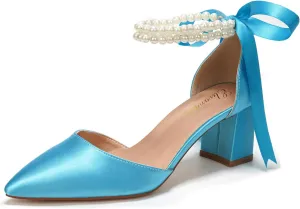 Elivandon J1585 Women's Satin Pointed Toe Mid-Heel Evening Sandals 2.36 inches Block Heel Bridal Party Wedding Pumps with Double Pearl Strap