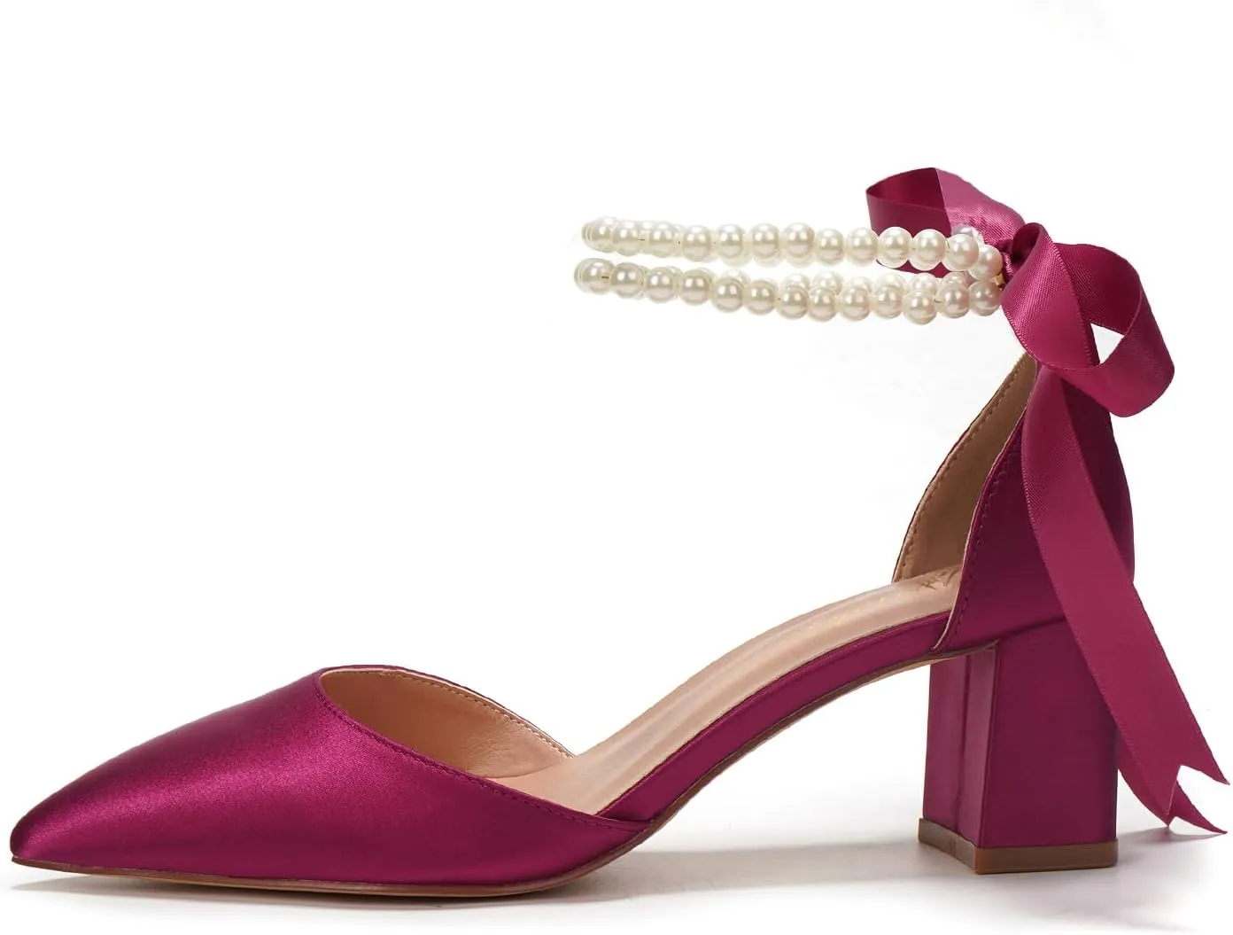 Elivandon J1585 Women's Satin Pointed Toe Mid-Heel Evening Sandals 2.36 inches Block Heel Bridal Party Wedding Pumps with Double Pearl Strap
