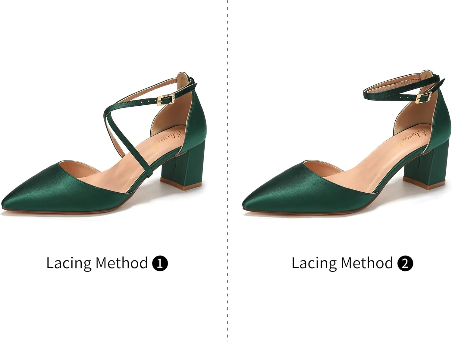 Elivandon J1586 Women's Satin Pointed Toe Mid-Heel Evening Sandals 2.36 inches Block Heel Bridal Party Wedding Pumps with Long Strap
