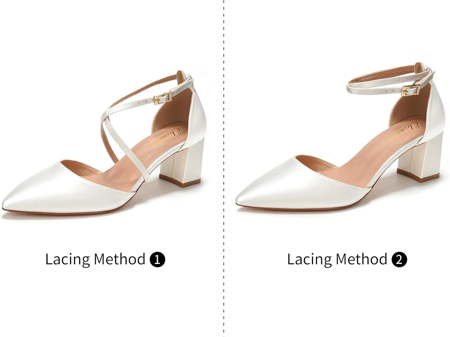 Elivandon J1586 Women's Satin Pointed Toe Mid-Heel Evening Sandals 2.36 inches Block Heel Bridal Party Wedding Pumps with Long Strap