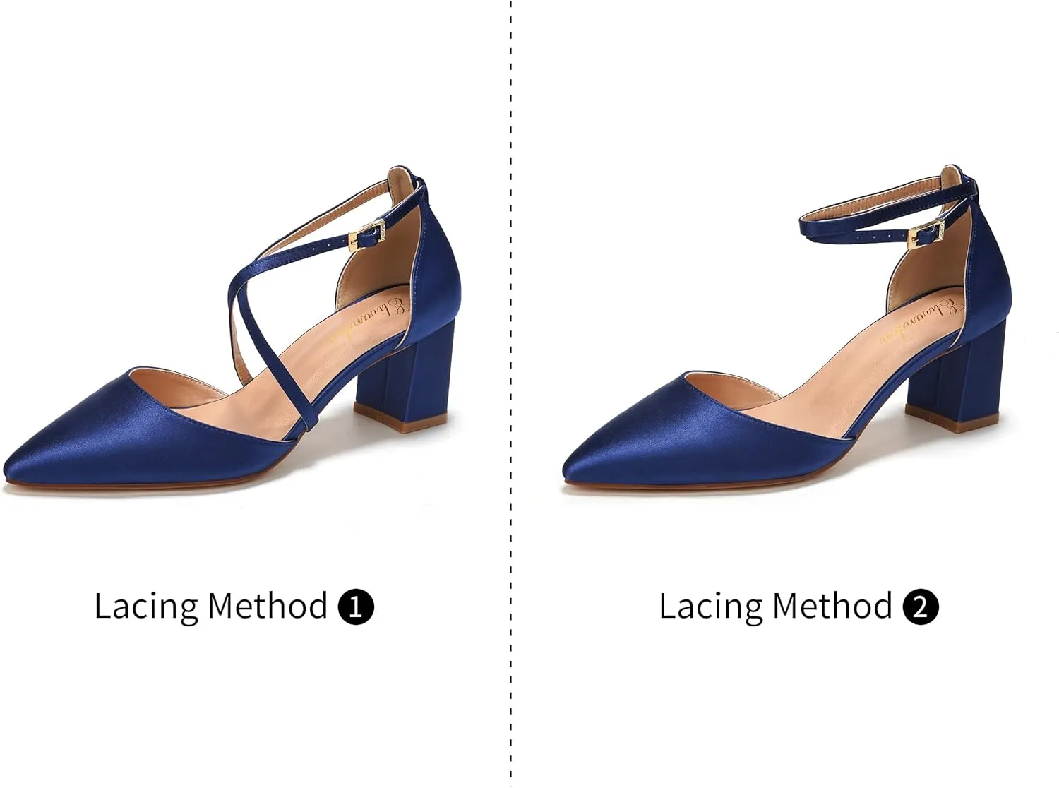 Elivandon J1586 Women's Satin Pointed Toe Mid-Heel Evening Sandals 2.36 inches Block Heel Bridal Party Wedding Pumps with Long Strap
