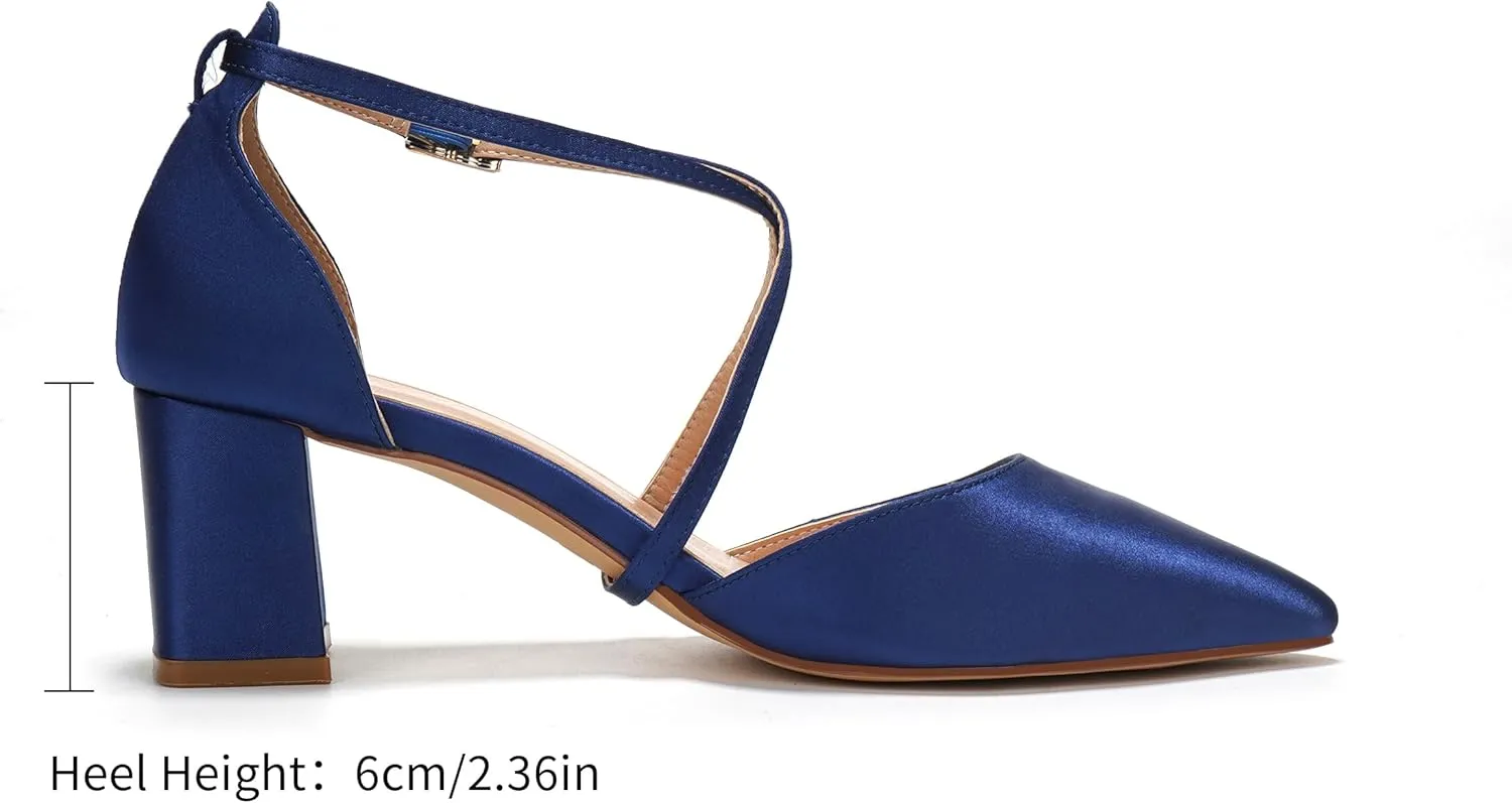 Elivandon J1586 Women's Satin Pointed Toe Mid-Heel Evening Sandals 2.36 inches Block Heel Bridal Party Wedding Pumps with Long Strap