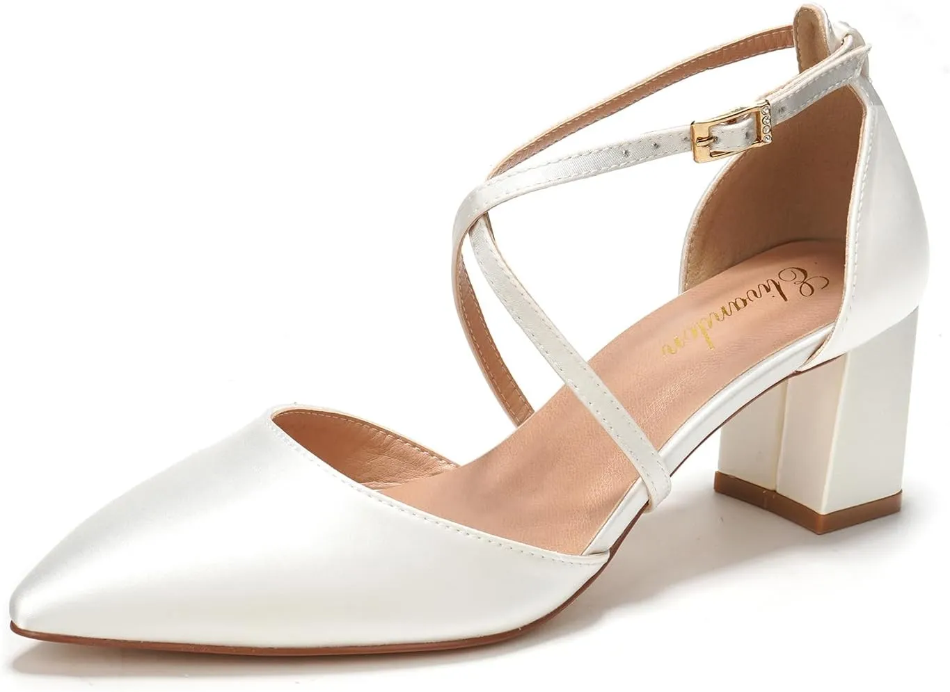 Elivandon J1586 Women's Satin Pointed Toe Mid-Heel Evening Sandals 2.36 inches Block Heel Bridal Party Wedding Pumps with Long Strap