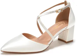 Elivandon J1586 Women's Satin Pointed Toe Mid-Heel Evening Sandals 2.36 inches Block Heel Bridal Party Wedding Pumps with Long Strap