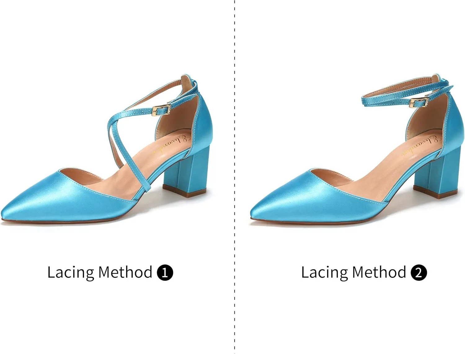 Elivandon J1586 Women's Satin Pointed Toe Mid-Heel Evening Sandals 2.36 inches Block Heel Bridal Party Wedding Pumps with Long Strap